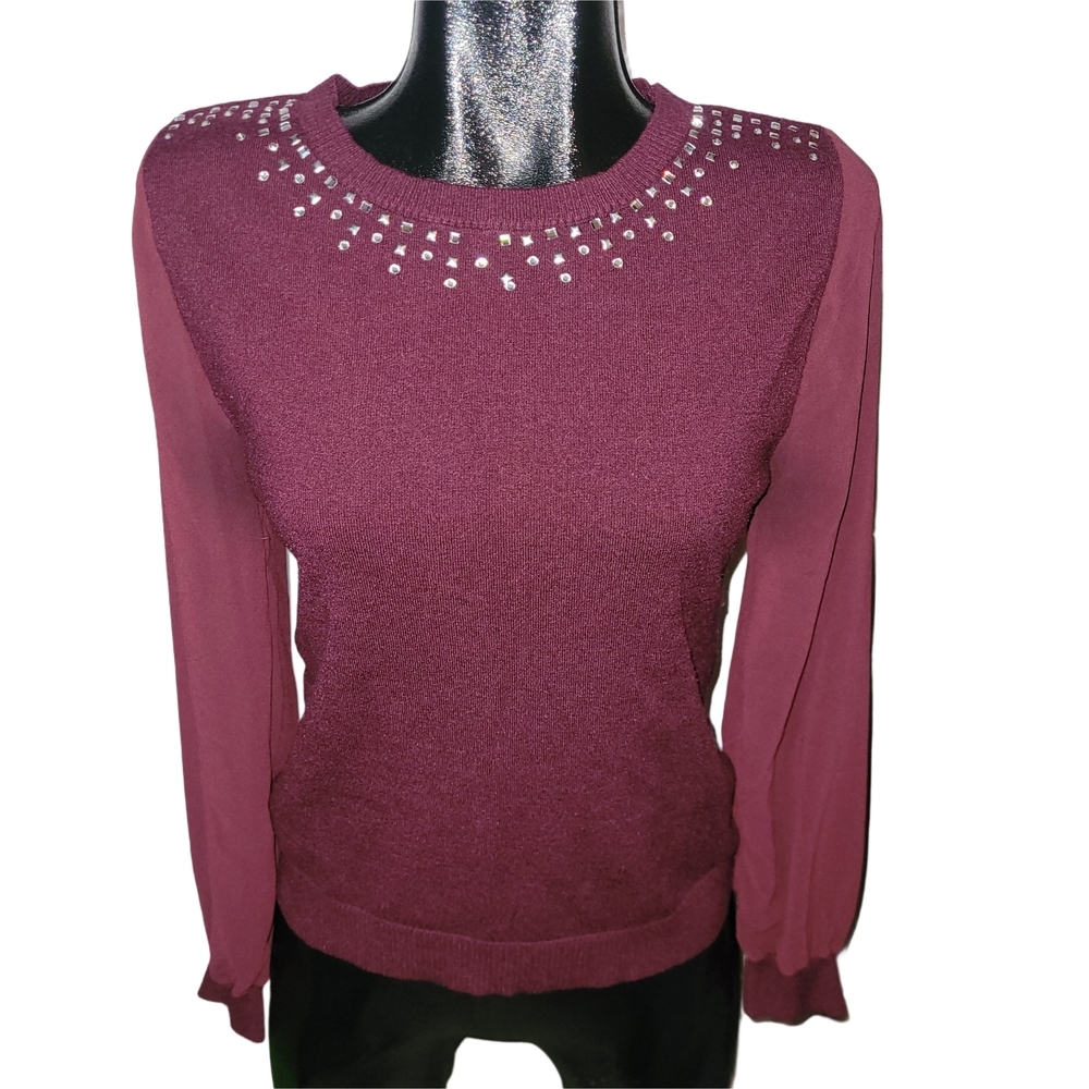H By Halston Burgundy Embellished Crew Neckline Sweater With Sheer Sleeves M